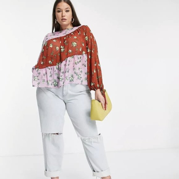 Sz 24W ASOS CURVE SHEER MIXED PRINT TOP WITH LONG SLEEVES AND TIE - Picture 3 of 4